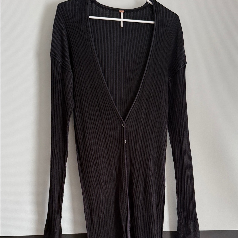 Free People Ribbed Longline Cardigan in Charcoal Gray
